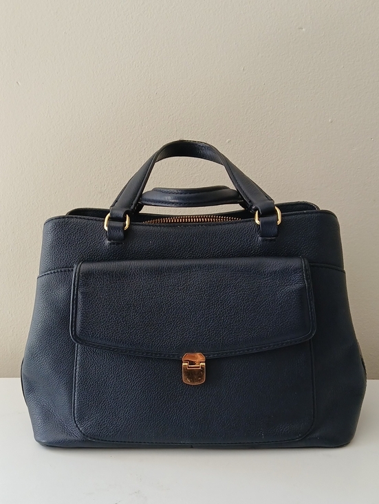 Talbots Handbags - Talbots Navy Pebbled Leather Handbag with Beige Interior